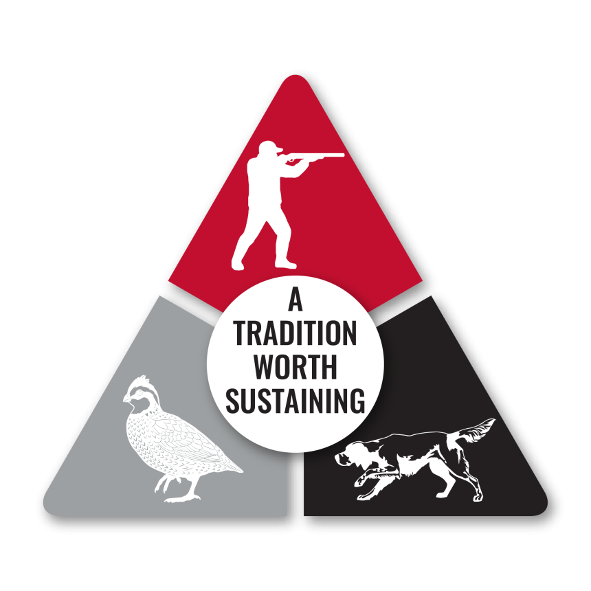 Triad showing a hunter, a hunting dog and a game bird with the words "a tradition worth sustaining" in the center.