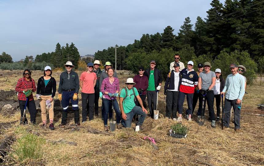 Researchers and volunteers stand in the newly planted common garden.
