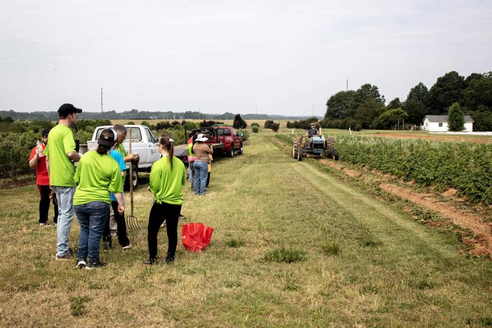 Camp participants watch as a tractor with a special attachment picks potatoes.