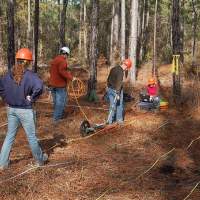 Researchers conduct a soil test i a pine stand