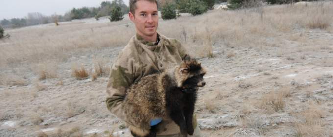 James Beasley holds a raccoon dog in the Chernobyl nuclear exclusion zone.