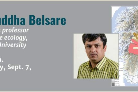 Event flyer for a talk by Aniruddha Belsare, assistant professor of disease ecology at Auburn University, with event details and a photo of the speaker next to a map.