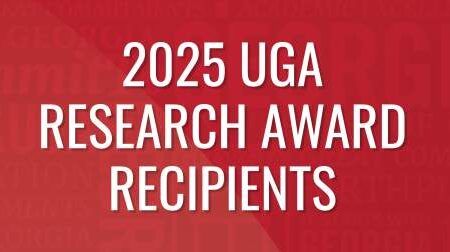 White text on a red background reads “2025 UGA Research Award Recipients.”.