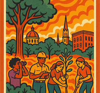 Four people are outdoors; one observes with binoculars, another takes notes, and two plant a sapling. Buildings, a tree, and orange swirling sky are in the background.