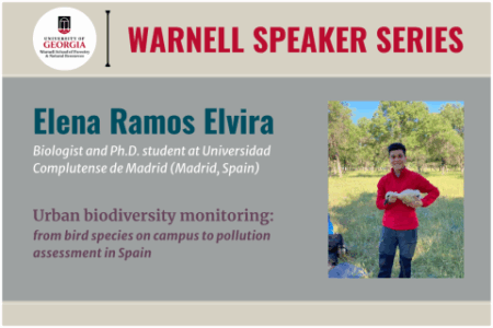 A promotional flyer for the Warnell Speaker Series featuring Elena Ramos Elvira, Ph.D. student, with a photo of her holding a bird outdoors.