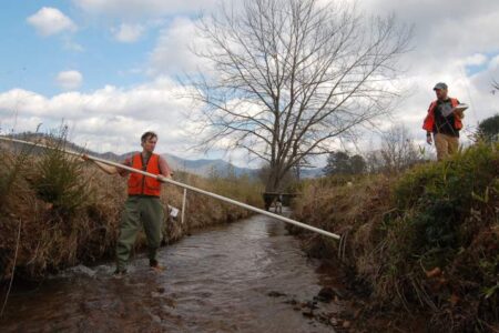 Two people wearing orange vests conduct water measurements in a shallow stream using long poles, with one standing in the water and the other observing from the bank.