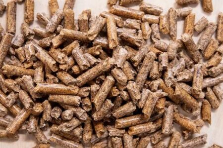 A pile of small, cylindrical brown pellets scattered on a light-colored surface.