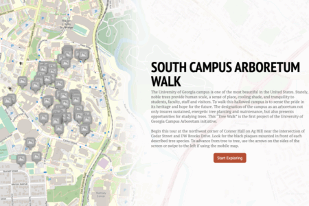 Map of the University of Georgia South Campus with markers for trees along the Arboretum Walk; informational text about the walk appears on the right side.