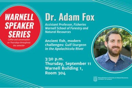 Promotional flyer for the Warnell Speaker Series featuring Dr. Adam Fox discussing Gulf Sturgeon in the Apalachicola River, scheduled for Thursday, September 11, at 3:30 p.m.