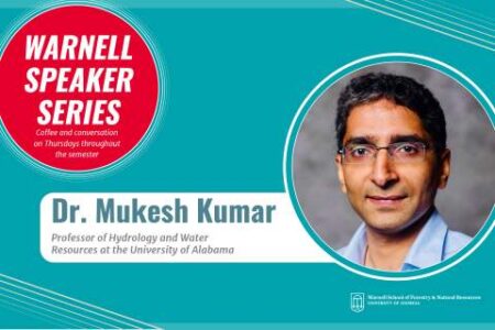 Promotional graphic for Warnell Speaker Series featuring Dr. Mukesh Kumar, Professor of Hydrology and Water Resources at the University of Alabama, with his portrait on the right.