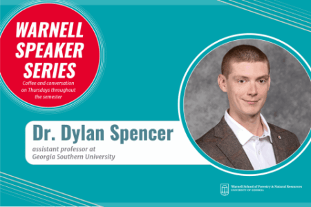 Promotional graphic for the Warnell Speaker Series featuring Dr. Dylan Spencer, assistant professor at Georgia Southern University, with his portrait and event details.