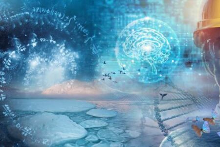 A person in a hard hat stands beside scientific imagery, including DNA strands, a brain, mathematical formulas, birds, and icy water, representing science and technology.